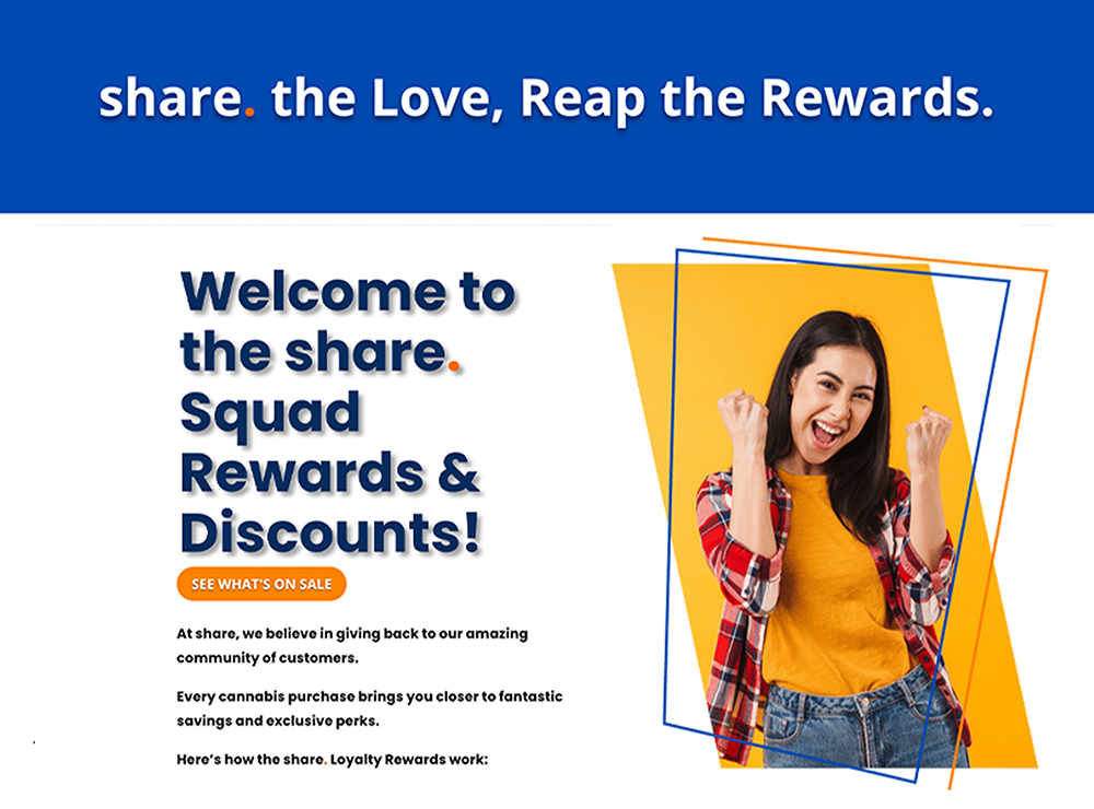Top section of Share. cannabis dispensary rewards page with the headline 'share. the Love, Reap the Rewards.' Features a welcome message for the Share. Squad Rewards & Discounts program, encouraging users to view what's on sale. On the right, a smiling woman in a plaid shirt and yellow top expresses excitement, set against a bright yellow background with geometric frame accents.