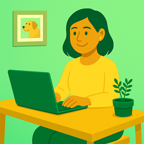 Flat-style digital illustration of a woman with medium skin tone working on a green laptop at a wooden desk. A potted plant sits beside her, and a framed portrait of a yellow dog hangs on the green gradient wall behind her.