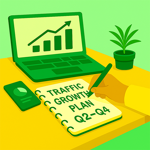 Flat-style digital illustration of a hand writing “Traffic Growth Plan Q2–Q4” in a notebook on a wooden desk. A green laptop displays a rising line graph, and a potted plant and analytics card are also present. The scene is set against a green gradient background, symbolizing strategic growth planning.