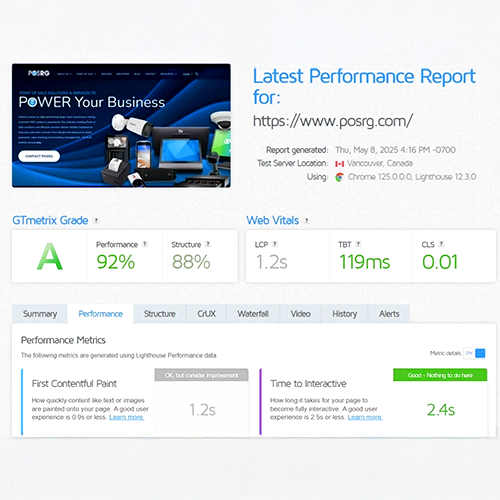 GTmetrix performance report for POSRG.com showing an A grade with 92% performance and 88% structure scores, and Web Vitals including 1.2s LCP, 119ms TBT, and 0.01 CLS, based on testing with Chrome in Vancouver, Canada.