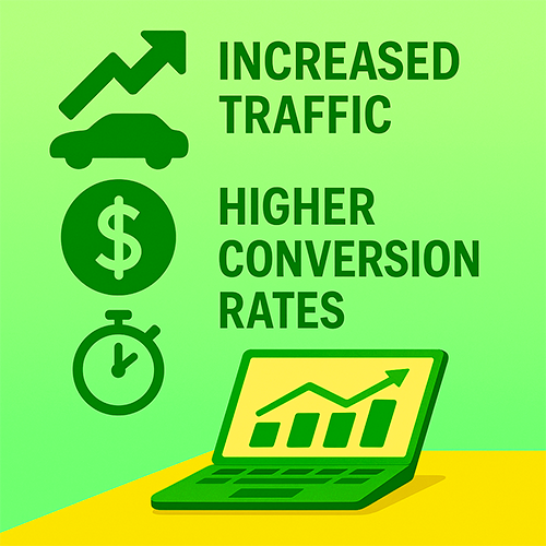 Flat-style digital illustration showing post-optimization outcomes. The image features four green icons with labels: an upward arrow with a car labeled "Increased Traffic," a dollar sign labeled "Higher Conversion Rates," a stopwatch, and a bar graph displayed on a laptop screen. The scene has a green gradient background with a yellow desk surface.