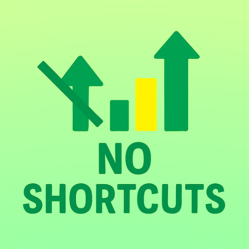 AV-Social-Optimization-Time-Effort-500x500-02 Flat-style digital illustration on a green gradient background featuring a crossed-out upward arrow on the left, a bar chart with a rising arrow on the right, and bold centered text below that reads 'NO SHORTCUTS,' representing the importance of long-term, ethical website optimization.