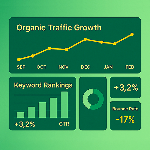 A square digital infographic on a green gradient background displaying website performance metrics. It includes a line graph labeled 'Organic Traffic Growth' with an upward trend from September to February, a bar chart titled 'Keyword Rankings' with rising bars, a donut chart showing demographic data, and two metric boxes: one indicating +3.2% CTR and the other showing a -17% bounce rate. All visual elements are styled in dark green, teal, and orange tones for a modern, data-driven look.