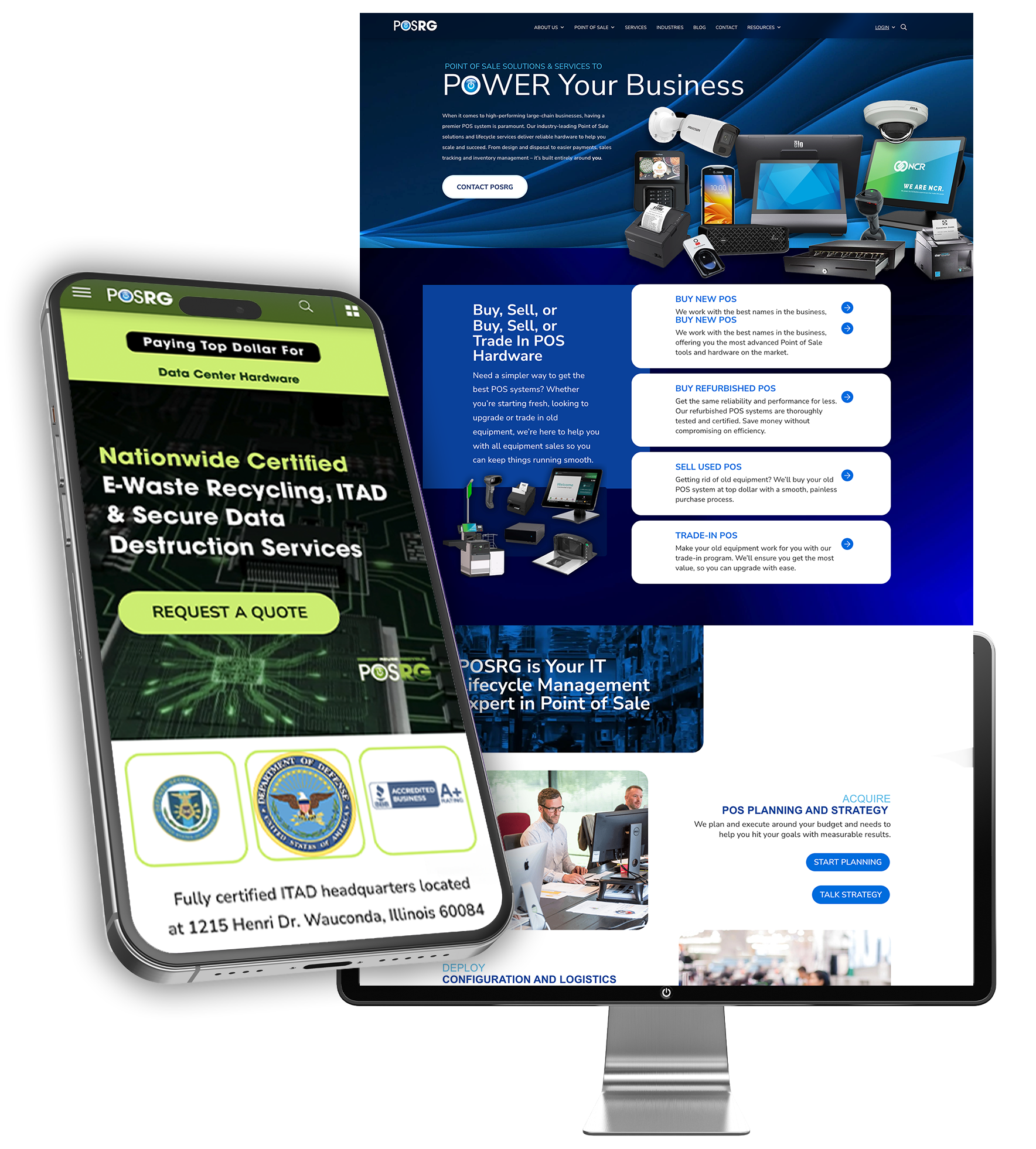 AV-Social-POSRG-Homepage-Recycle-Web-Pages-Desktop-Mobile-Mockup-02 Mockup showcasing the POSRG website on both mobile and desktop devices. The mobile screen highlights POSRG’s nationwide certified e-waste recycling, ITAD, and secure data destruction services, while the desktop screen features POS hardware solutions including buying, selling, refurbishing, and trading-in equipment.