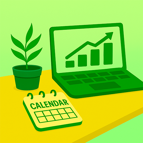 Flat-style digital illustration of a green laptop displaying an upward-trending bar graph, sitting on a wooden desk next to a small potted plant and a desktop flip calendar labeled "CALENDAR," all against a green gradient background.