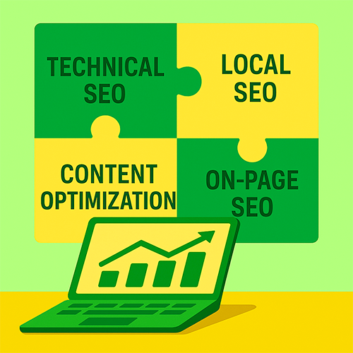 Flat-style digital illustration showing four interlocking puzzle pieces labeled Technical SEO, Local SEO, Content Optimization, and On-Page SEO. In front of the puzzle pieces is a green laptop with a screen displaying an upward-trending bar graph, symbolizing a cohesive digital optimization strategy.