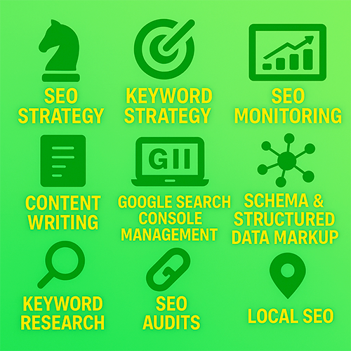 Grid of nine SEO service icons in a flat green and gold color scheme, including SEO Strategy, Keyword Strategy, SEO Monitoring, Content Writing, Google Search Console Management, Schema & Structured Data Markup, Keyword Research, SEO Audits, and Local SEO.
