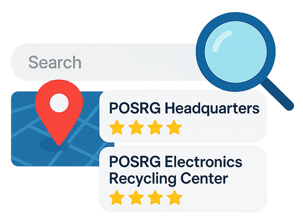 Local-Search-Engine-Opimization-Graphic-01 Illustration of a search bar with a magnifying glass, a location pin, and two search results: POSRG Headquarters and POSRG Electronics Recycling Center, each with five stars.