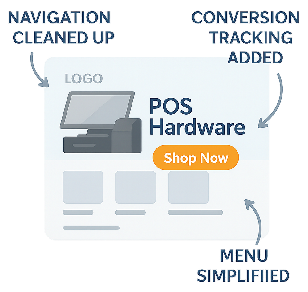 Outlet-E-Com-Optimization-Graphic-01 A mockup of a POS hardware website with callouts noting cleaned-up navigation, added conversion tracking, and a simplified menu.