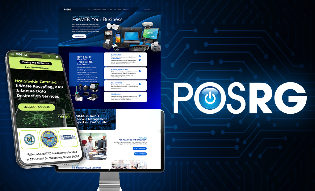 Marketing graphic featuring POSRG’s ITAD and POS hardware services displayed on mobile and desktop screens, with the POSRG logo containing a blue power button icon, set against a digital circuit board background.