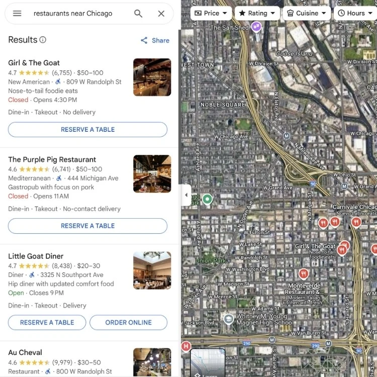 Split-screen image showing restaurant search results near Chicago on the left and a map with locations marked on the right. Restaurants listed include Girl & The Goat, The Purple Pig, and others.