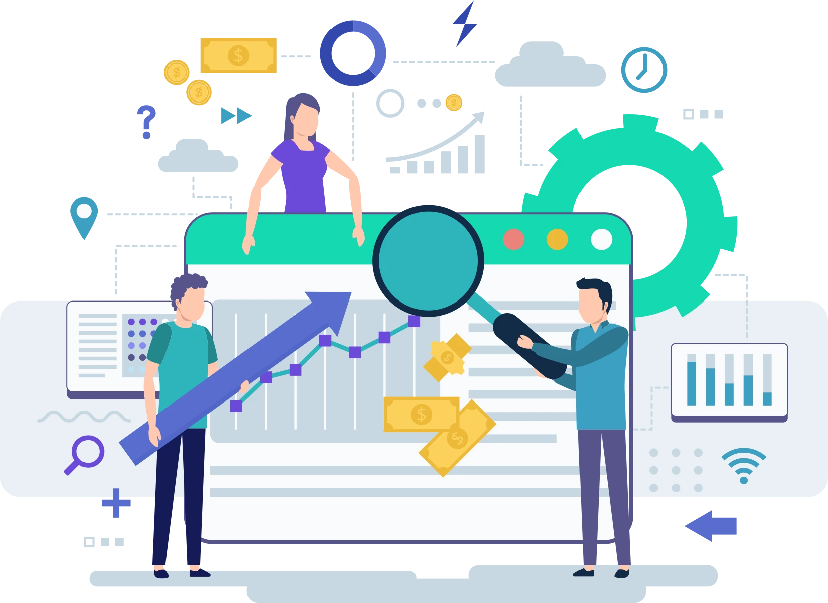 seo-people Two people analyze financial data and graphs on a large screen, with icons of gears, charts, arrows, and currency representing business and analytics concepts.