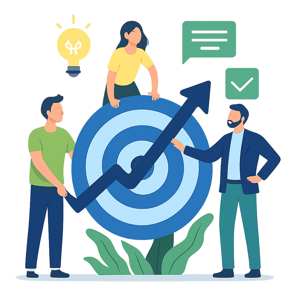 AV-Social-Careers-Page-Graphic-01 Illustration of three diverse professionals collaborating around a large target with an upward-pointing arrow, symbolizing growth and success. Surrounding elements include a glowing lightbulb, chat bubble, checkmark, and leafy accents, all on a transparent background.