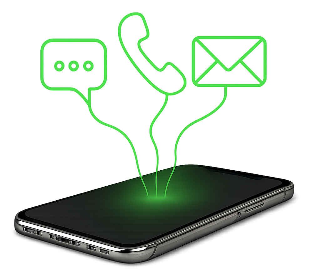 AV-Social-Strategies-Contact-Us-01 A smartphone with glowing green icons above it representing a chat bubble, a phone call, and an envelope for messaging and communication.